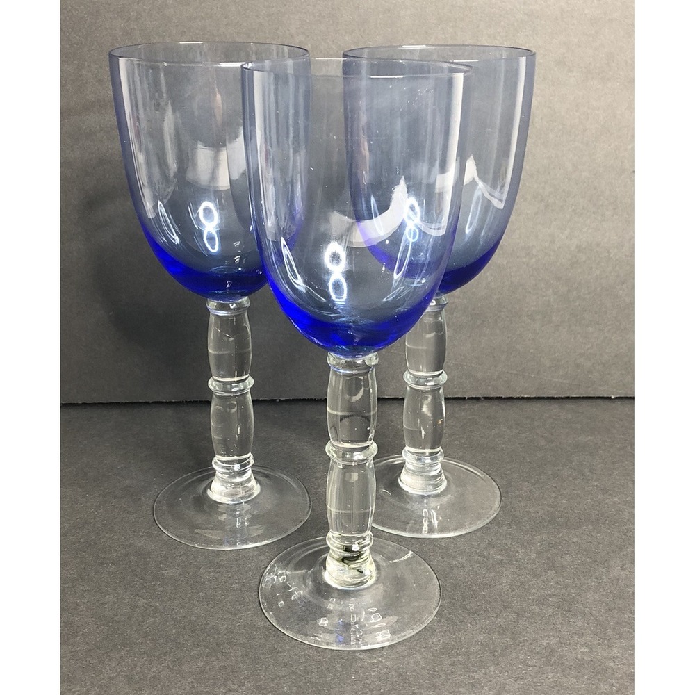 3 Cobalt Blue Clear Bamboo Stem Wine Glasses Hand Blown 8 1/2" Goblets